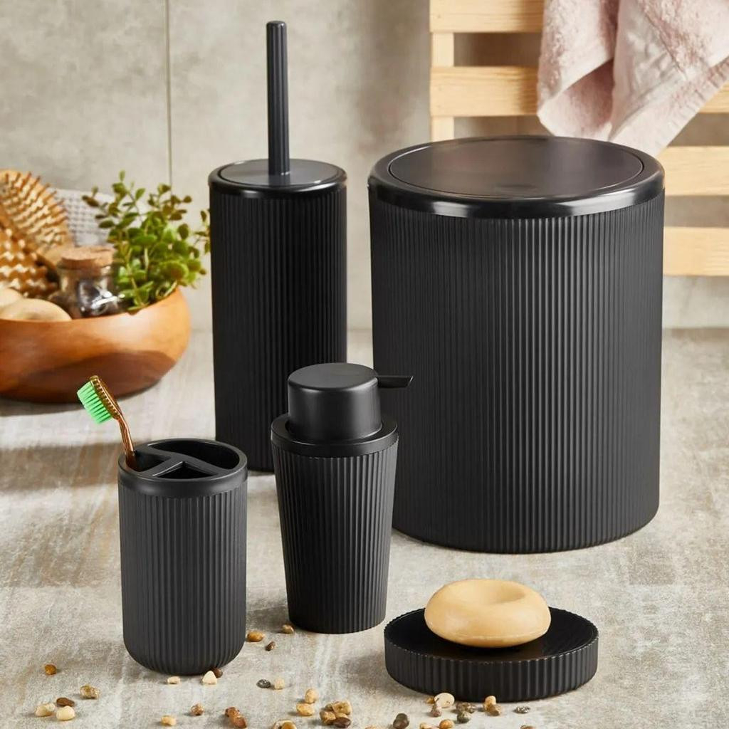 5-Teiliges Badezimmer-Zubehör-Set, Rund, Schwarz Gestreift in Badezimmer Zubehör Set