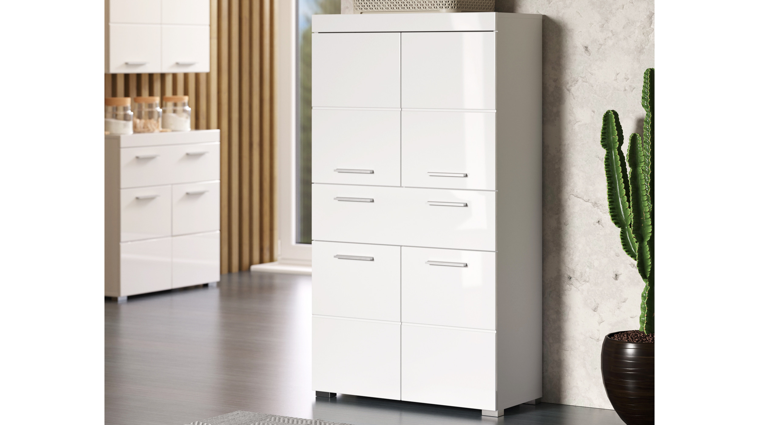 Bad Hochschrank Weiß Hochglanz 4 Türen 73 Cm - Amanda in Badezimmer Kommode Weiß Hochglanz