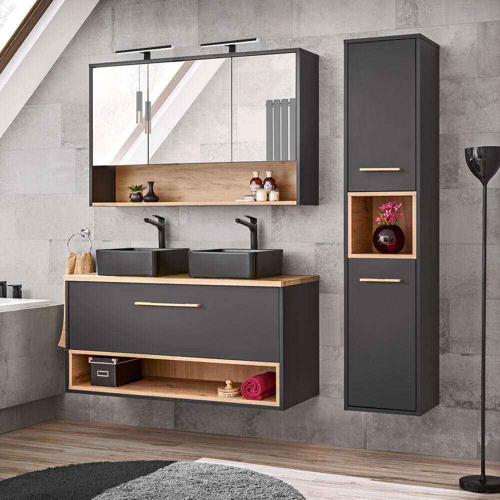 Bad Spiegelschrank 120 Cm Bologna-56 Inkl. Led Beleuchtung In Anthrazit Mit  Artisan Eiche Nb., B/H/T: Ca. 120/80/25 Cm for Badezimmer Spiegelschrank Led