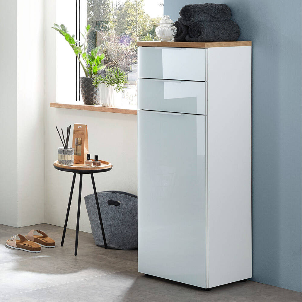 Badezimmer Unterschrank / Midischrank Mit Glasfront Lublin-01 In  Weiß/Navarra-Eiche-Nb. Bxhxt Ca. 39X112X34Cm for Midischrank Badezimmer