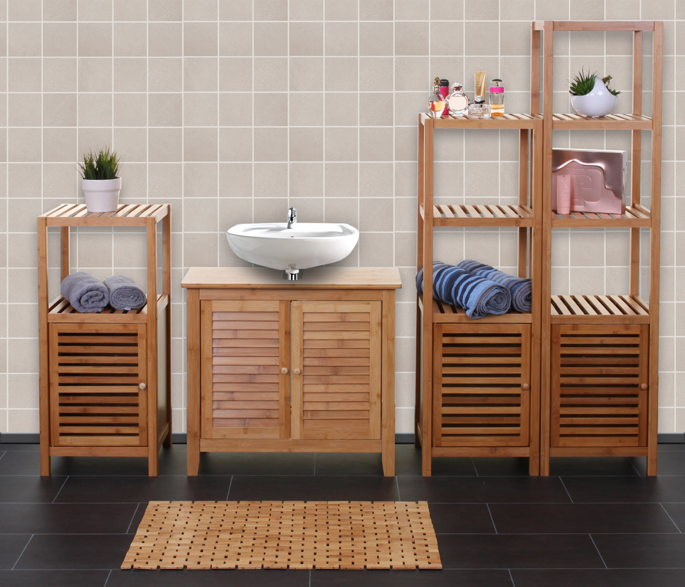 Badezimmerset Hwc B18, Komplett Badezimmer Badmöbel Badset Badschrank Mit  Tür, Bambus Inside Badezimmer Bambus