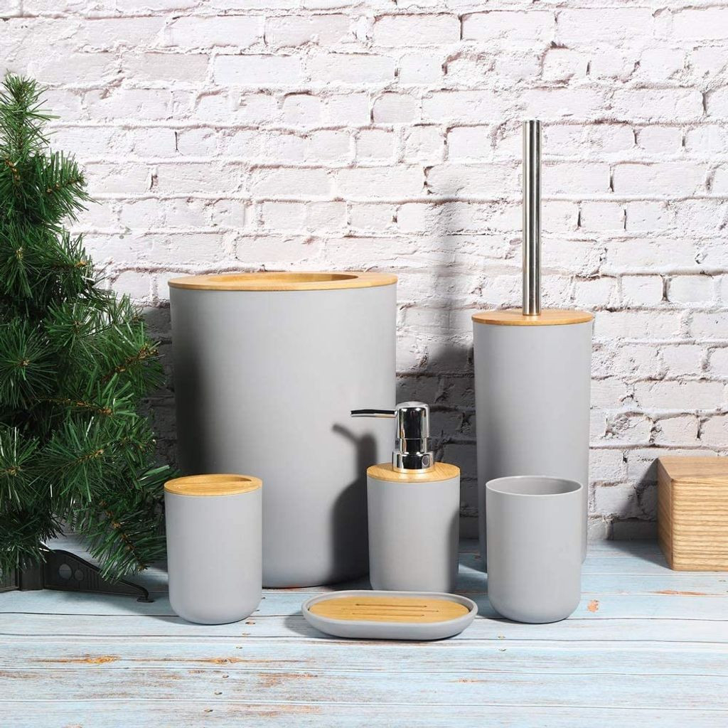 Badezimmerzubehör-Set Akazienholz Bad-Seifenspender, Badezimmerbecher,  Seifenschale Zubehör Für Badezimmer Dekor (Grau) with Badezimmer Zubehör Set