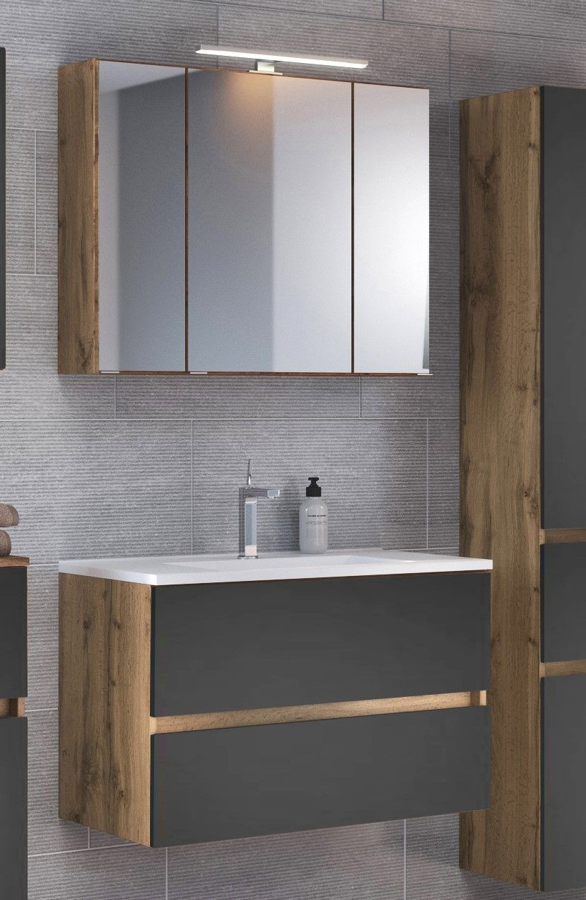 Badkombination Luna 2-Teilig 80Cm - Eiche/Grau - Modern Held | Emob in Badezimmer Holz Grau