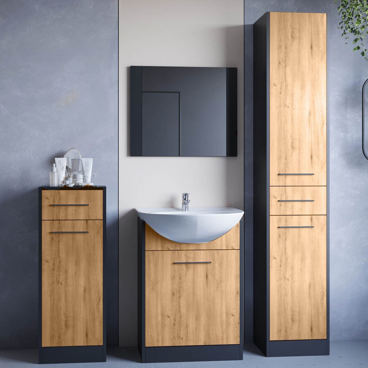 Badmöbel Set Slim Mini Schwarz / Artisan Eiche regarding Badmöbel Für Kleine Badezimmer