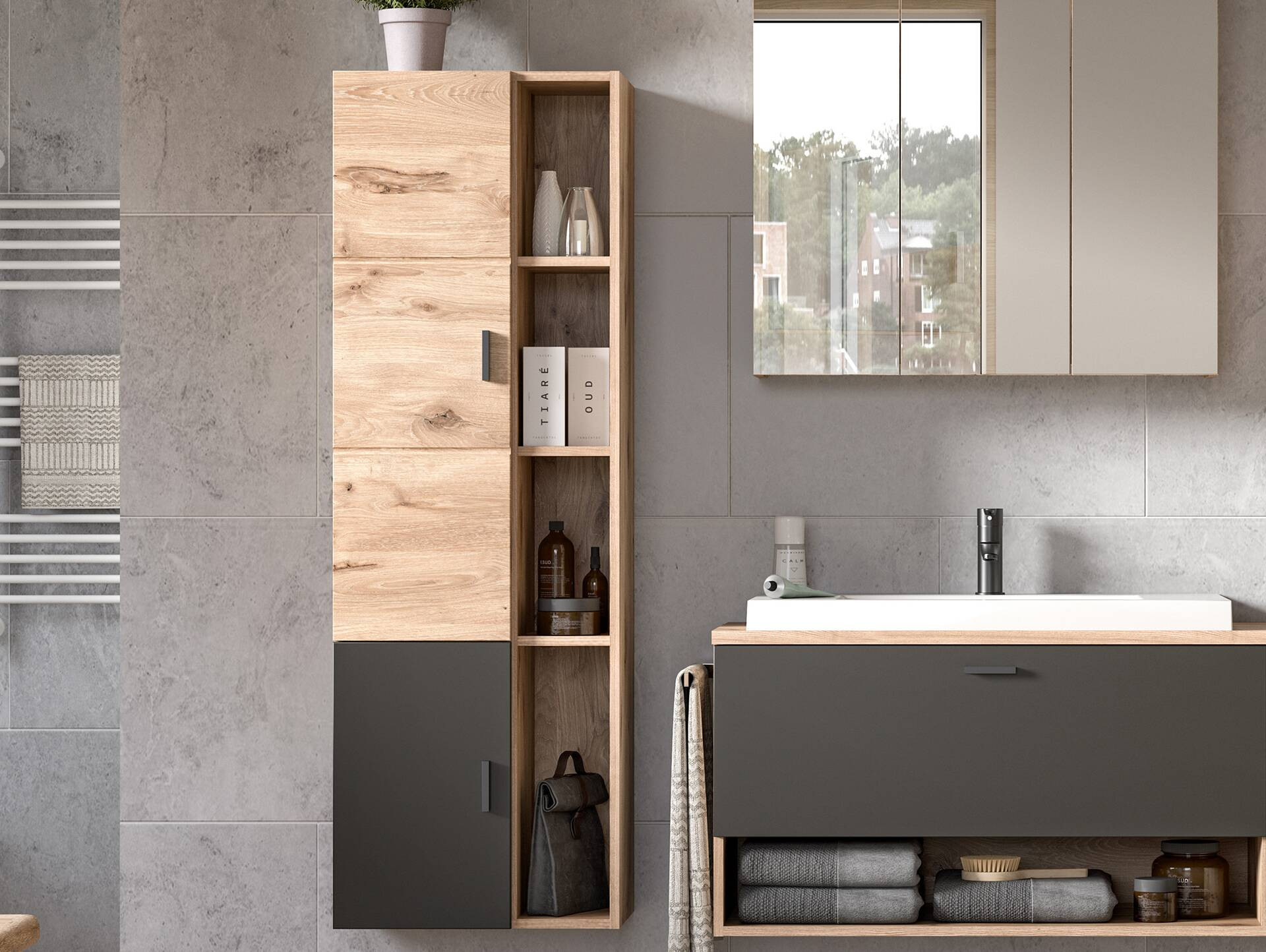 Goldenbay Midischrank Fürs Badezimmer, Material Dekorspanplatte, Nox Oak  Nachbildung/Grau Matt regarding Midischrank Badezimmer