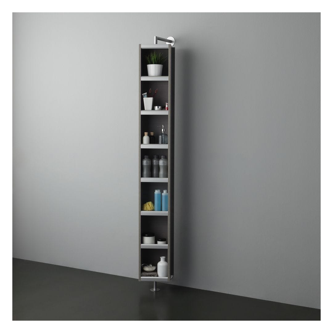Grauer Bad-Hochschrank Mit Spiegel Und Offenen Fächer, Drehbar | Manhattan within Badezimmer Hochschrank Mit Spiegel