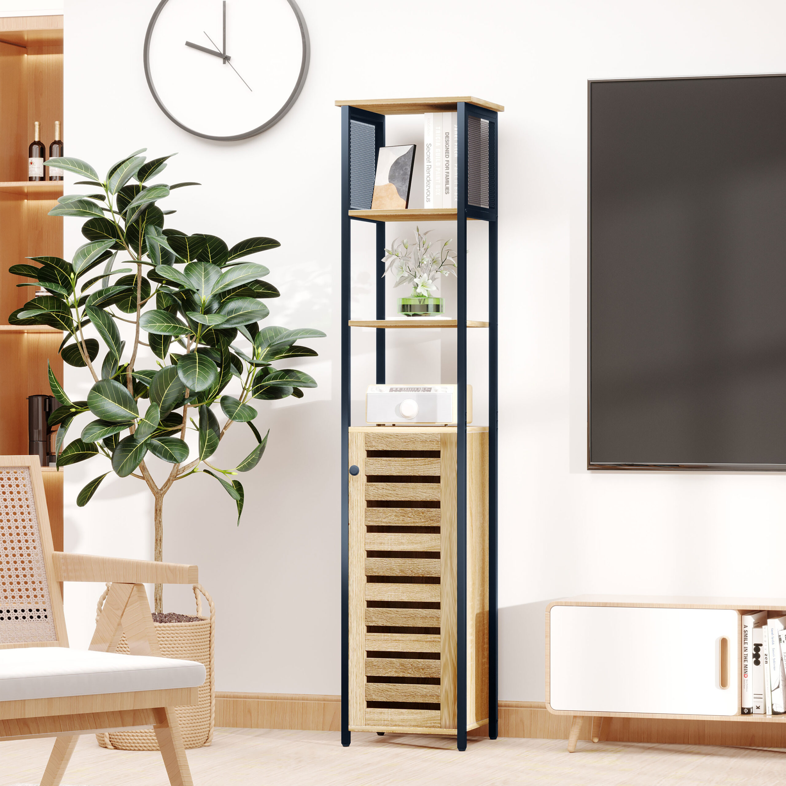 Ribelli Stehschrank Mit 3 Offene Fächern Und Schrank, Schmal Hochschrank  Für Badezimmer, Küche, Wohnzimmer | Ribelli.de inside Regal Badezimmer Schmal